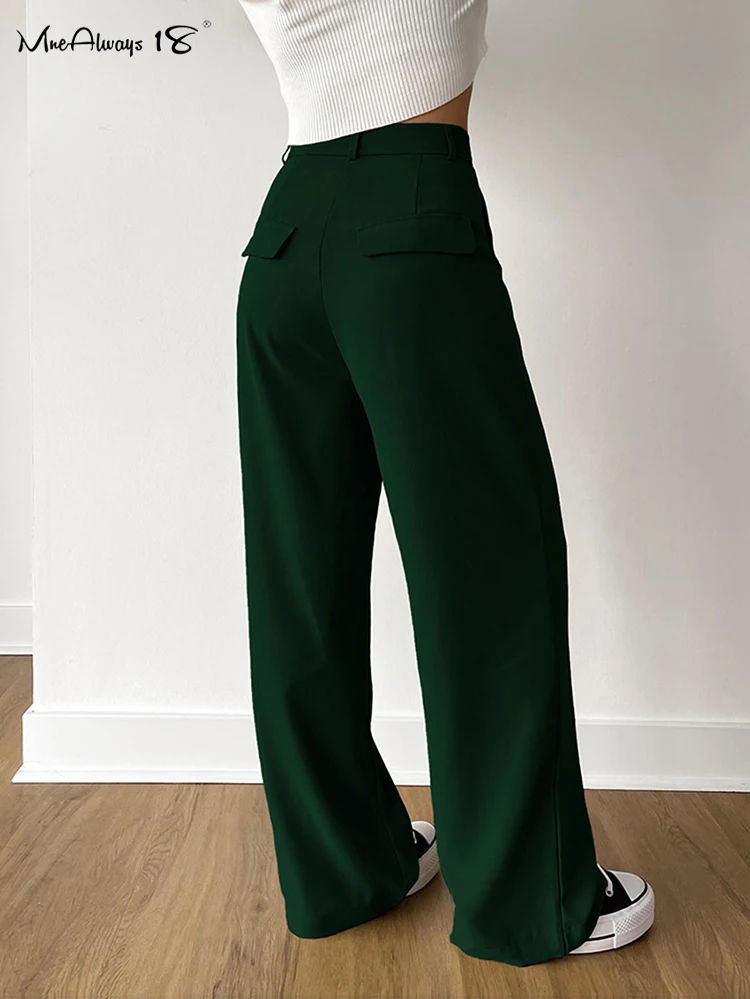 Mnealways18 Vintage Green High Waist Trousers Women Office Ladies Pleated Casual Straight Pants Double Pockets Floor-Length Pant