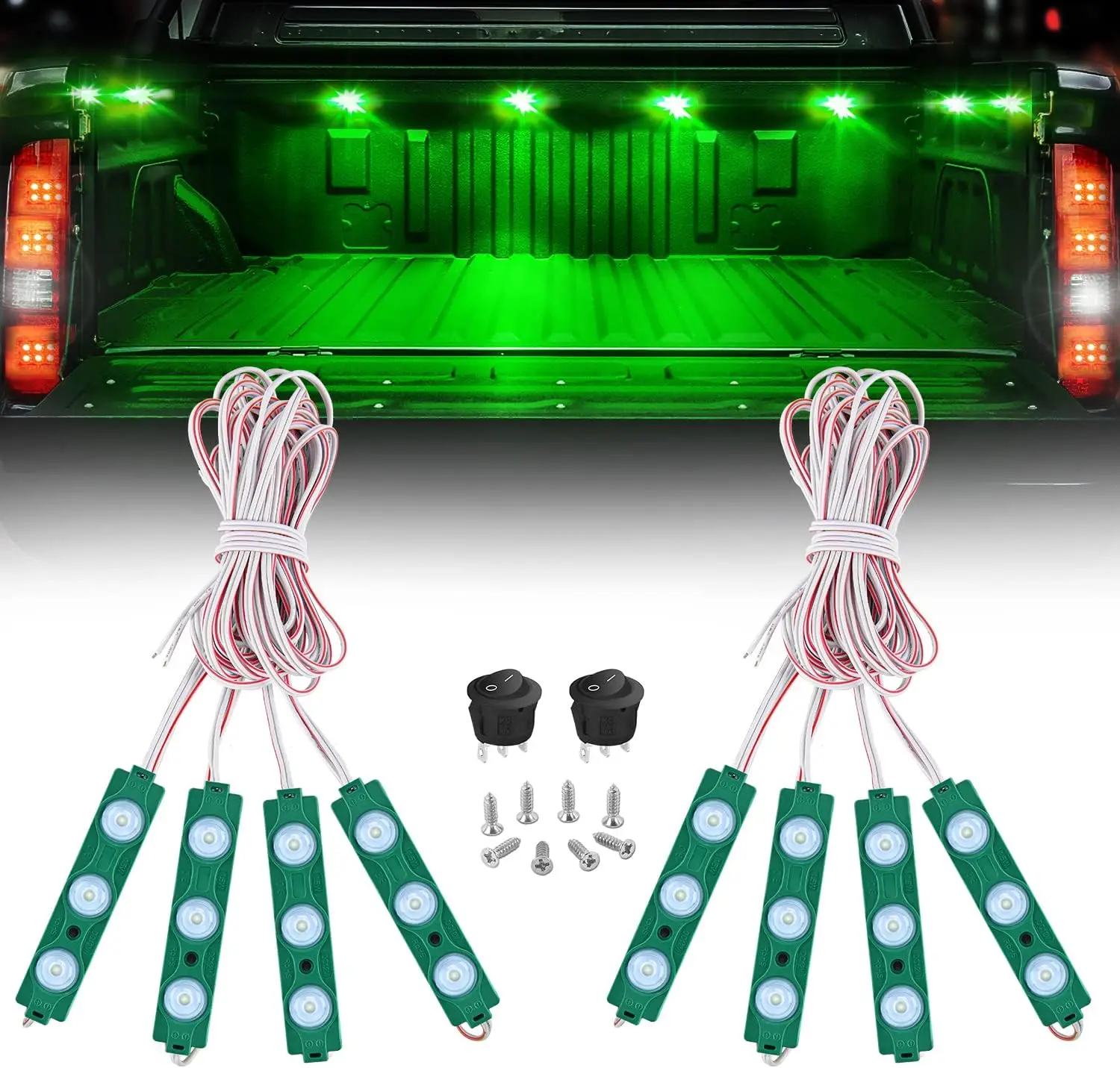 

Nilight 8PCS Truck Pickup Bed Light 24LED Green Cargo Rock Lighting Kits with Switch for Van Off-Road Under Car Side Marker Foot Wells Rail, 2 Years Warranty