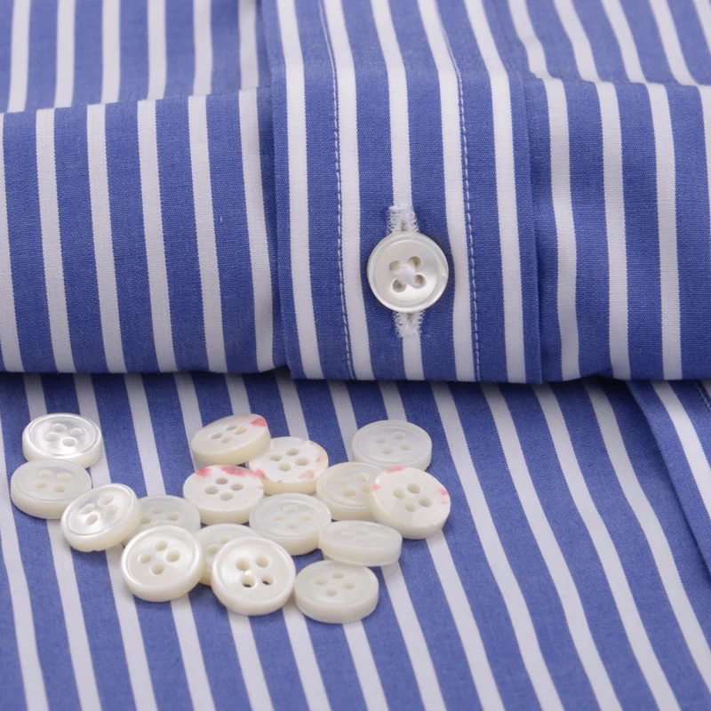High quality double button high necked men\'s long sleeved shirt with 100% cotton blue stripe custom French shirt for men