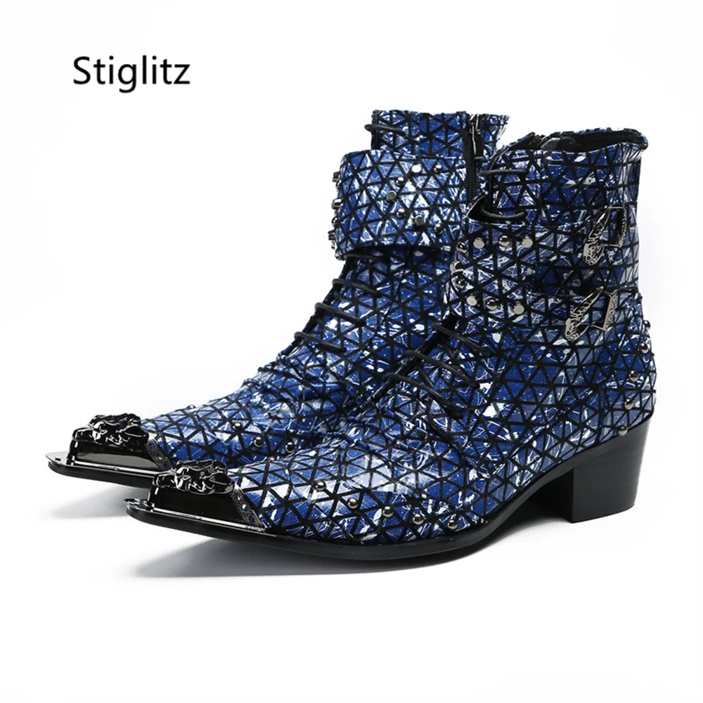 Punk Metal Tip Point Ankle Chelsea Boots Men Patent Leather Lace Up Rivet Studded Buckle Straps Western Stage Short Boots
