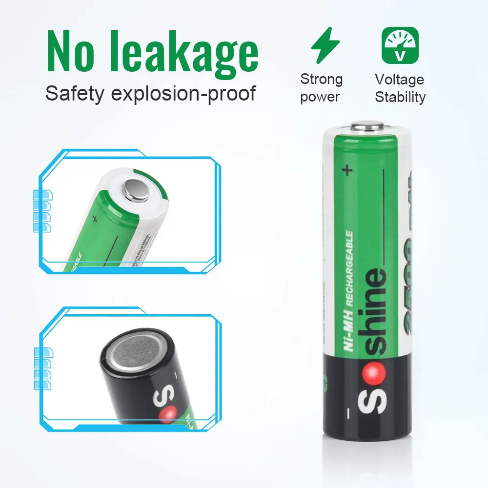 Soshine 2500mAh AA Rechargeable Batteries Aa 1.2V NIMH Battery 2500mAh Nimh Battery 1200 Cycle Time for Flashlight Radio Toys