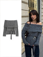 TRAF Women's Fashion Gray Strapless Slim Sweater Retro Simple One Neck Knit Sweater Autumn and Winter Elegant Long Sleeve Top