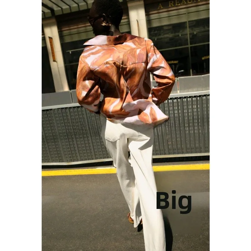 قميص نسائي جديد للخريف بأكمام طويلة وتصميم فضفاض مع طباعة، ملمس حريري، نمط أمريكي عتيق مع عقدة فراشة، مصنوع من البوليستر