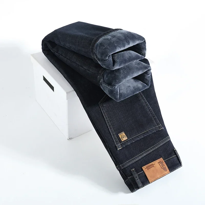 Men's Winter Fleece Lined Jeans Thick Thermal Casual Straight Stretch Denim Business Work Trousers