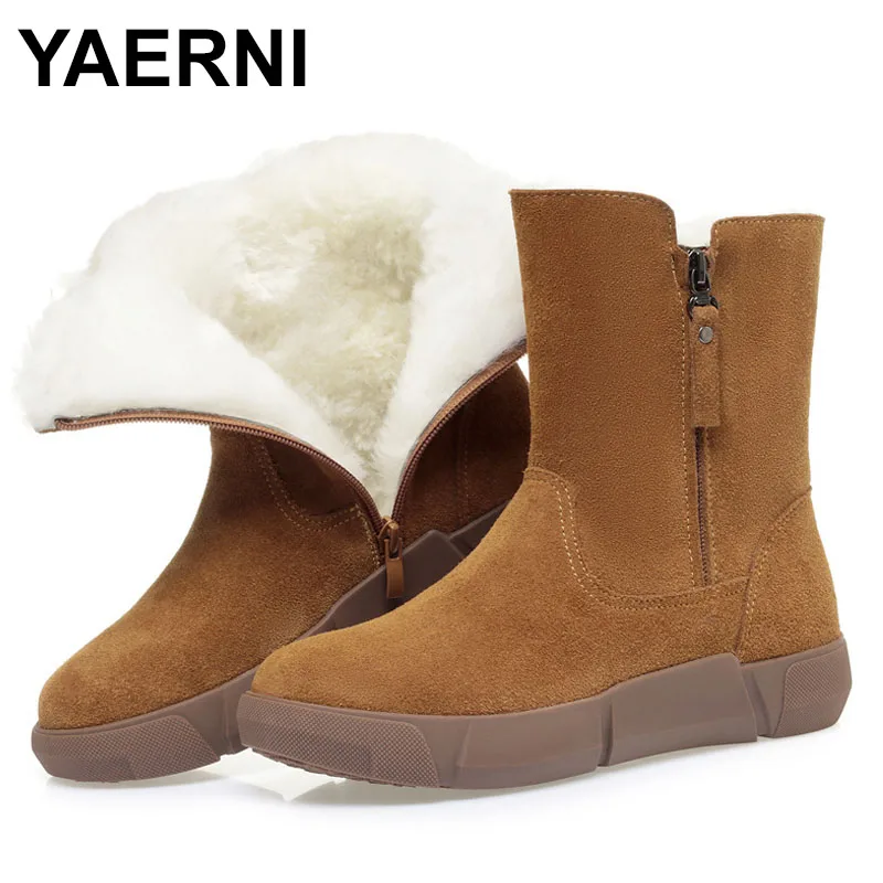 

Women Snow Boots Winter Natural Wool Shearling Warm Ankle Boots For Women Fluffy Fur Cow Suede Leather Shoes Big Size 42