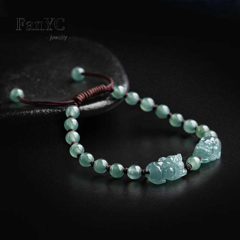 High-grade Natural Jadeite Ice Blue Water Double PiXiu Bracelet Hand-woven Men and Women Hand Rope Wealth Fashion Gift