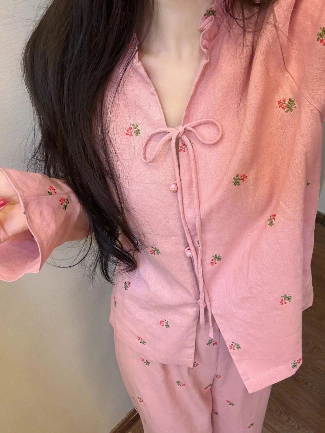 

Floral Long-sleeved Pajama Sets New Japanese Home Clothes Girls' Trousers Women Big Size Pajamas Set Lady Piece Outfit Pyjamas