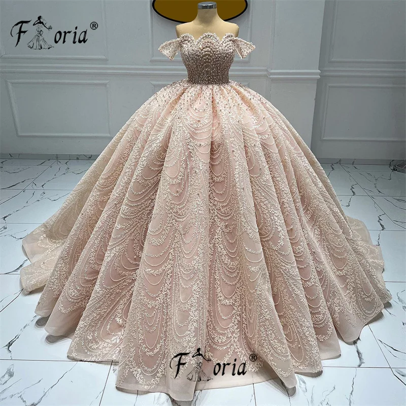 Luxury Beaded Pearls Ball Gown Wedding Dress Off the Shoulder Pleats Bridal Gowns Pink vestidos novias boda Plus Size 2024