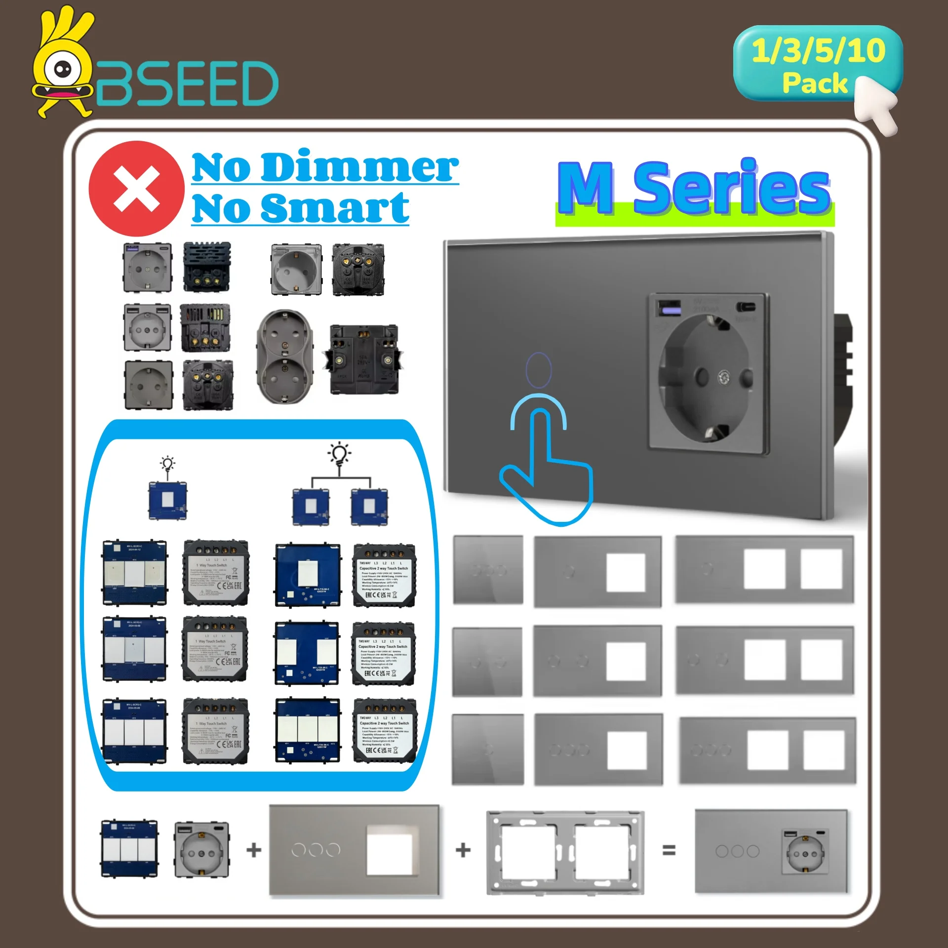BSEED 1/2/3Gang 1Way Wall Light Switch Module Parts EU Stair 2Way Light Switch Inserts Free Combination Glass Blue Backlight
