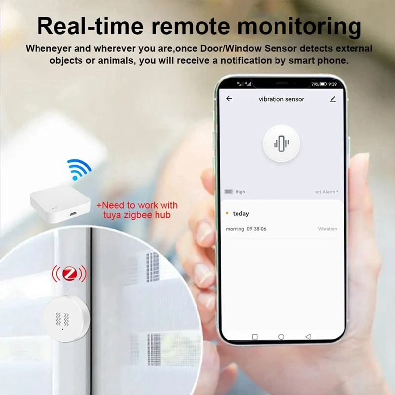 Tuya Zigbee สมาร์ทเซ็นเซอร์การสั่นสะเทือนการตรวจสอบแบบเรียลไทม์ประตูหน้าต่างการตรวจจับสมาร์ทเซ็นเซอร์ป้องกันความปลอดภัย