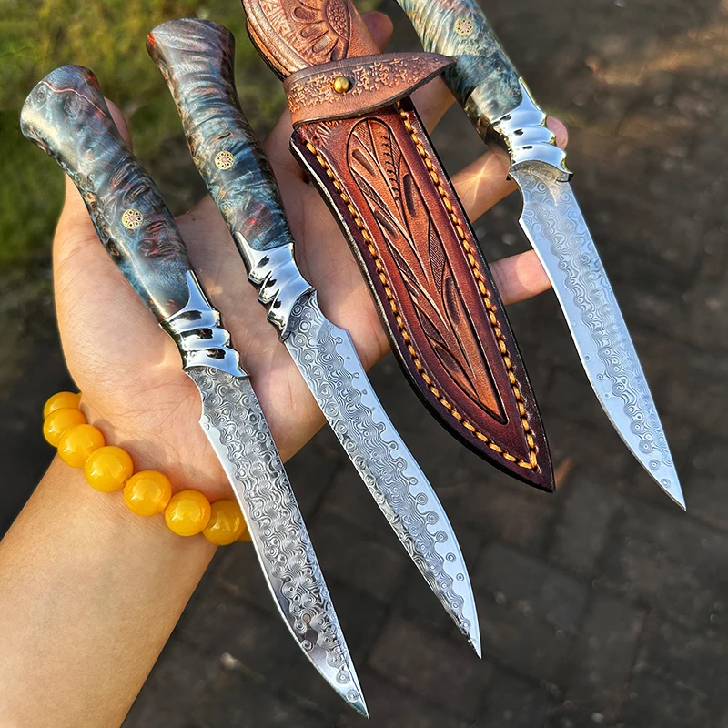 Damascus Steel Fixed Blade Self-Defense Rescue Straight Knife Outdoor Knife Hunting Knife Survival Military Tactics EDC Tool