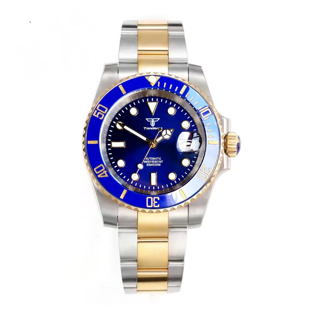 Tandorio 40mm Two Tone Business Men Watch Sapphire Glass Luminous NH35 Automatic Mechanical Date Wristwatch Glide Clasp Date
