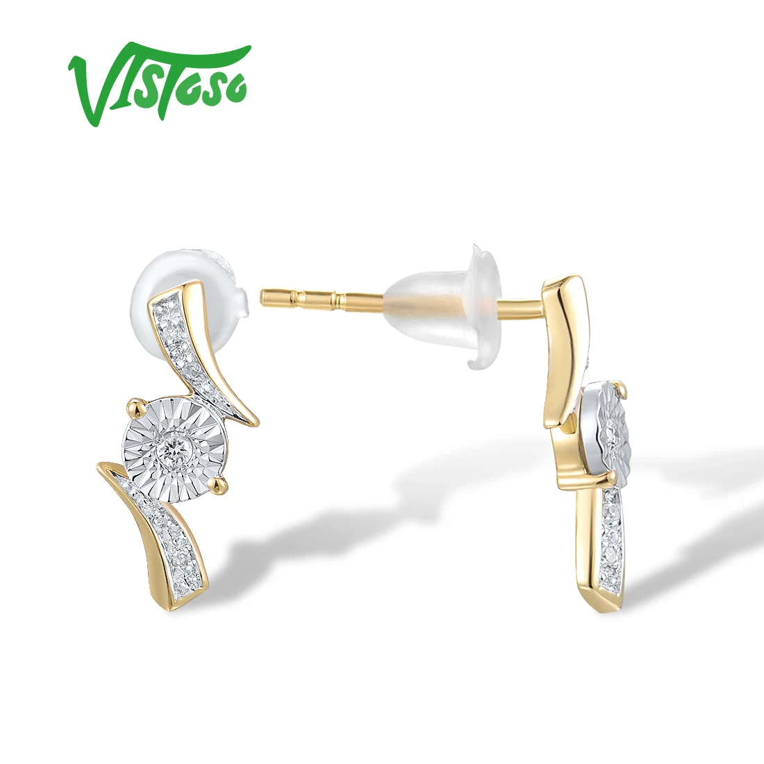 VISTOSO Genuine 9K 375 Two Tone Gold Stud Earrings For Women Sparkling Diamond Wedding Anniversary Simple Fashion Fine Jewelry