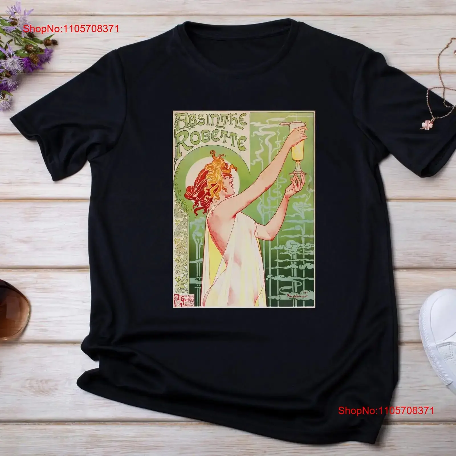 Absinthe Robette T Shirt Alphonse Mucha Art Nouveau French Alcohol Green Fairy Classic vintage Washed graphic Unisex Breathable