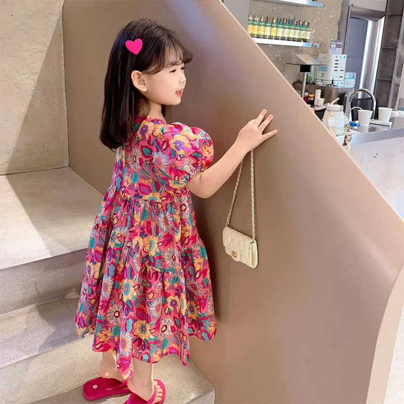 2024 Elegant Fashion Harajuku Slim Fit Children Clothes Loose Casual All Match Princess Dress O Neck Cotton Short Sleeve Dresses