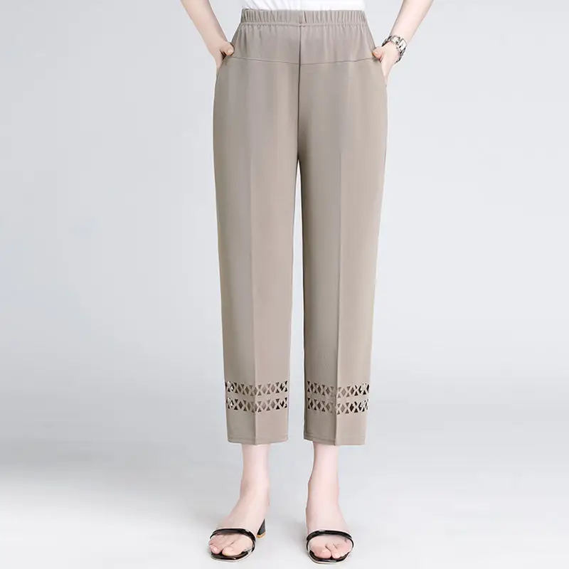 

Korean Fashion Women Summer Thin Straight Pants High Waist Elastic Loose Hollow Out Solid New All-match Oversize Casual Trousers