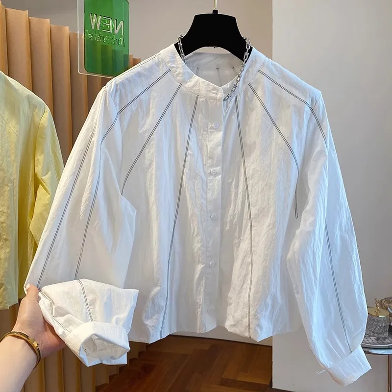 

White Long Sleeve Air Conditioned Shirt Women's Loose Fit Inner Lined Sun Protection Short Waist Cinched Top Commute Style