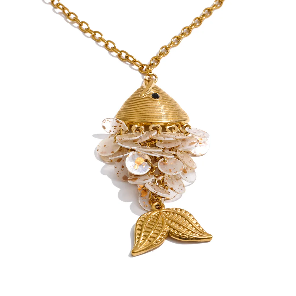 Yhpup Ocean Style Colorful Shell Fish Drop Necklace Earrings Set Stainless Steel Exclusive Handmade Gold Color Jewelry image 3