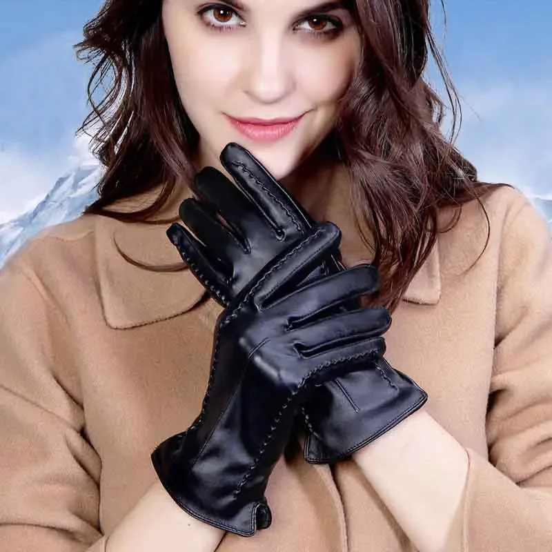 Guantes de piel de oveja para mujer, cálidos para invierno, además de terciopelo, pantalla corta y delgada, guantes de cuero de Color para conducir, nuevos de gama alta