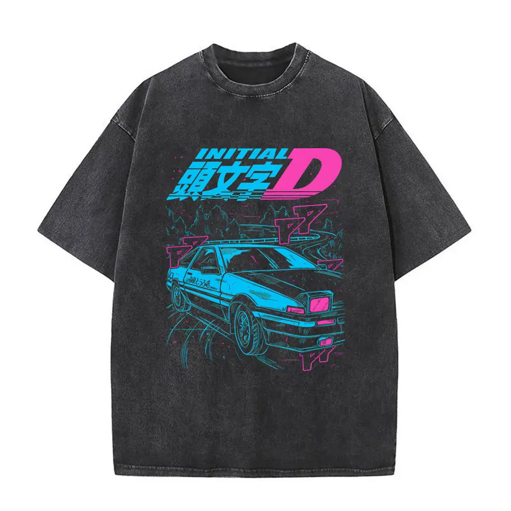 Washed Vintage Anime Initial D Drift AE86 Takumi Fujiwara Tofu Shop Graphic T-shirt Men's Clothing Manga Retro Oversized T Shirt