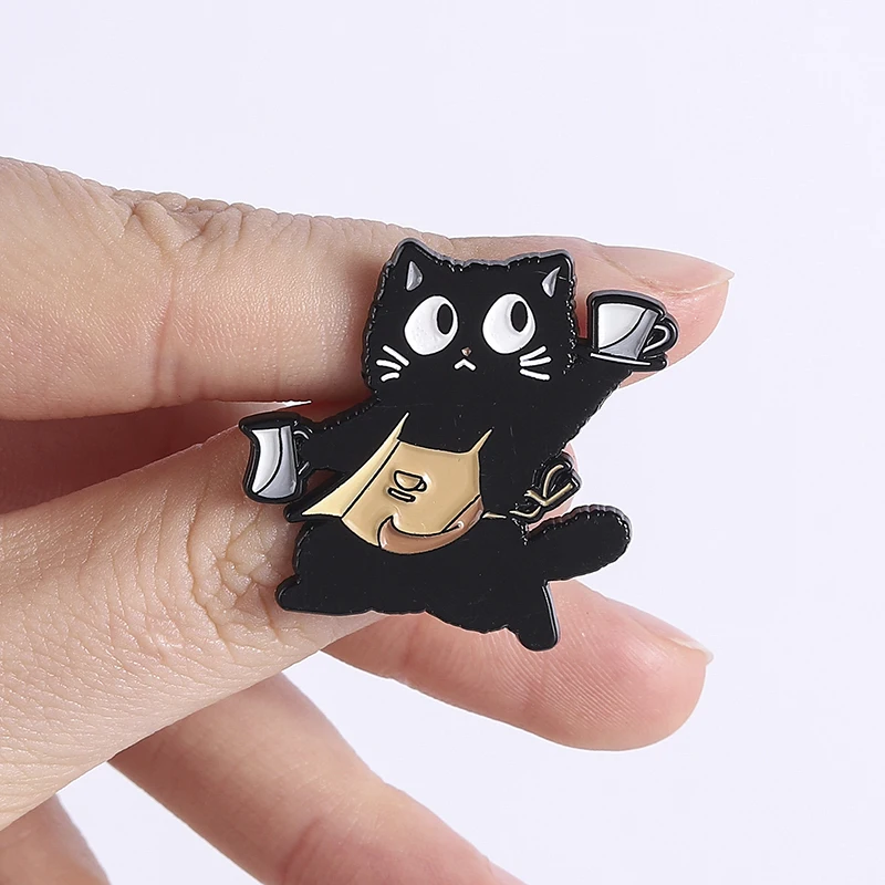 Barista Black Cat Cartoon Enamel Pin Cute Cat Wearing Coffee Apron Uniform & Coffee Cup Brooch Lapel Badge Jewelry Gifts Friends view 5
