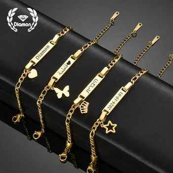 שרשרת דיאמון עם חריטה אישית של שם ותאריך, ערבית עברית לב פרפר, שרשרת מפלדת אל-חלד לתינוקות וילדים, מתנות תכשיטים