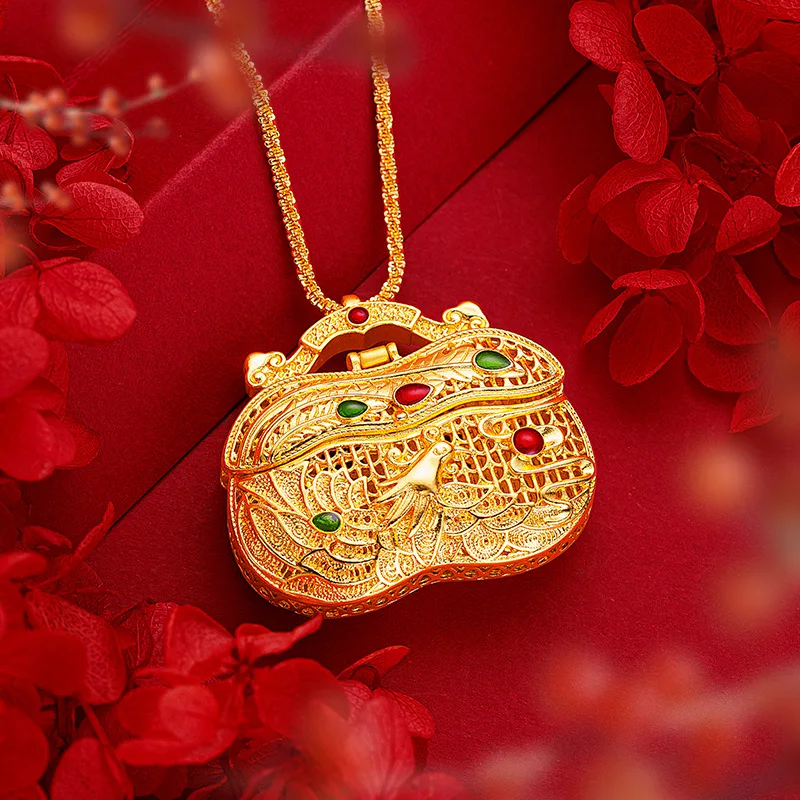 

9999 Real Gold 24K Court Quality Ancient Method with Instrument Lock Bag Pendant Can be opened Hollow Phoenix Pendant