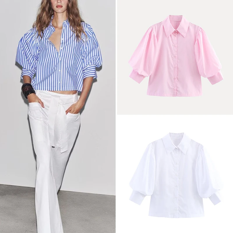 

Casual Versatile Summer 2025 Women's irt Z Commute Sle Loose Fit Six Sve Collar Bubble Sve Regular Length