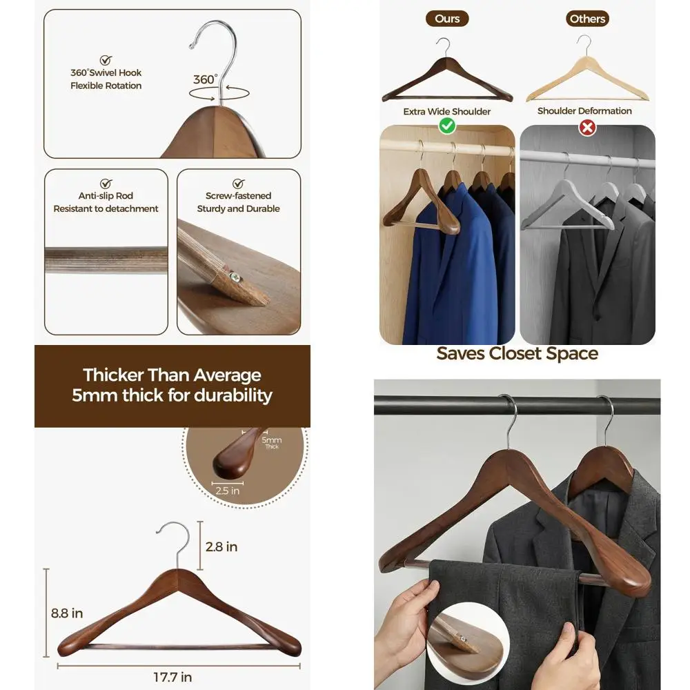 

Набор из 12 деревянных вешалок с широкими плечиками – нескользящие, для пальто, платьев и костюмов | 360 ° Вращающиеся органайзеры | Прочный и компактный