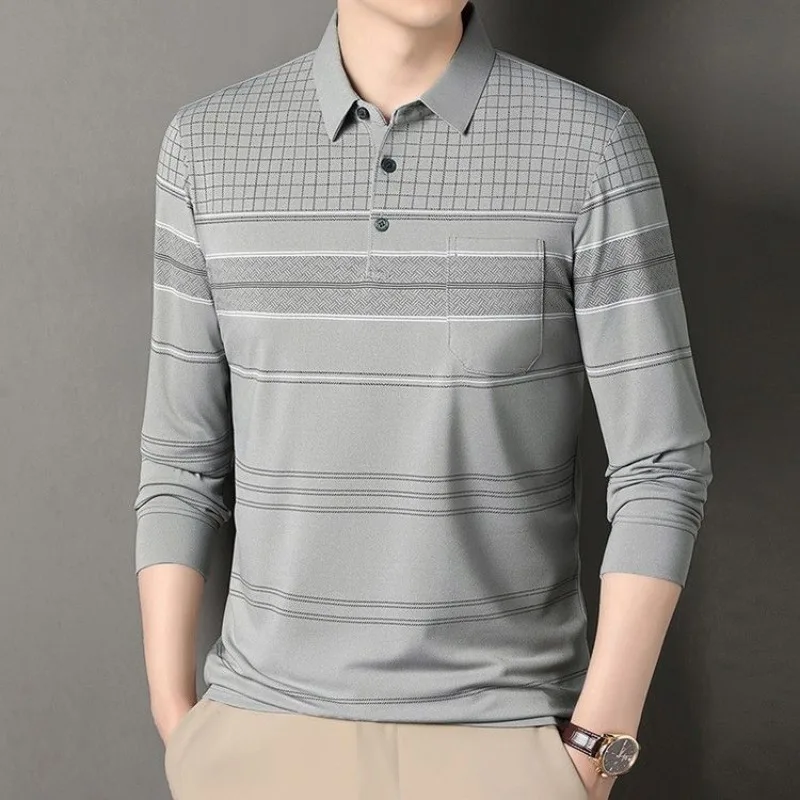 Mens Casual Polo Shirt Long Sleeve Chest Pocket Design Turn Down Collar Lightweight Comfy Top Loose Fit for Men Dad