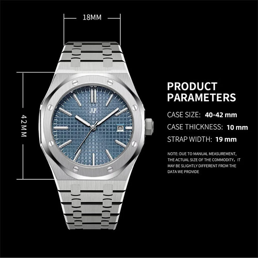 AP العلامة التجارية الفاخرة الكلاسيكية العصرية الرجال ساعة حساسية مقاوم للماء الفولاذ المقاوم للصدأ ساعة اليد مضيئة تاريخ ساعة زجاجية معدنية هدية