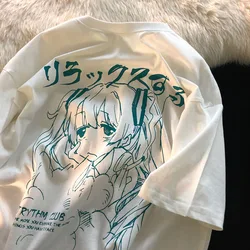 Camiseta con estampado de Anime Kawaii para Mujer, Top de manga corta con gráfico de estética Harajuku japonés, Y2k, blanco y negro