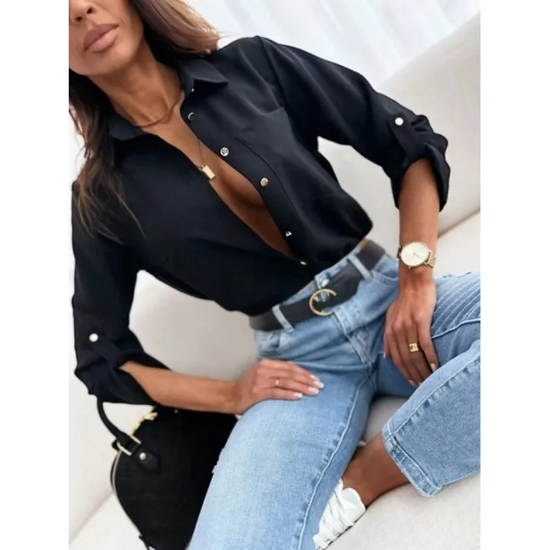 Spring/Summer Women\'s Long Sleeved Fashion Solid Color Shirt Flip Collar Button Casual Elegant Commuter Shirt