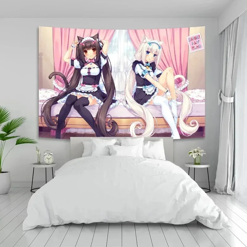 VIKAMA Nekopara Wandteppich mit Chocola- und Vanille-Motiv, Katzenmädchen-Maid-Design, perfekt für Kawaii-Dekor, Schlafzimmer-Wandgestaltung
