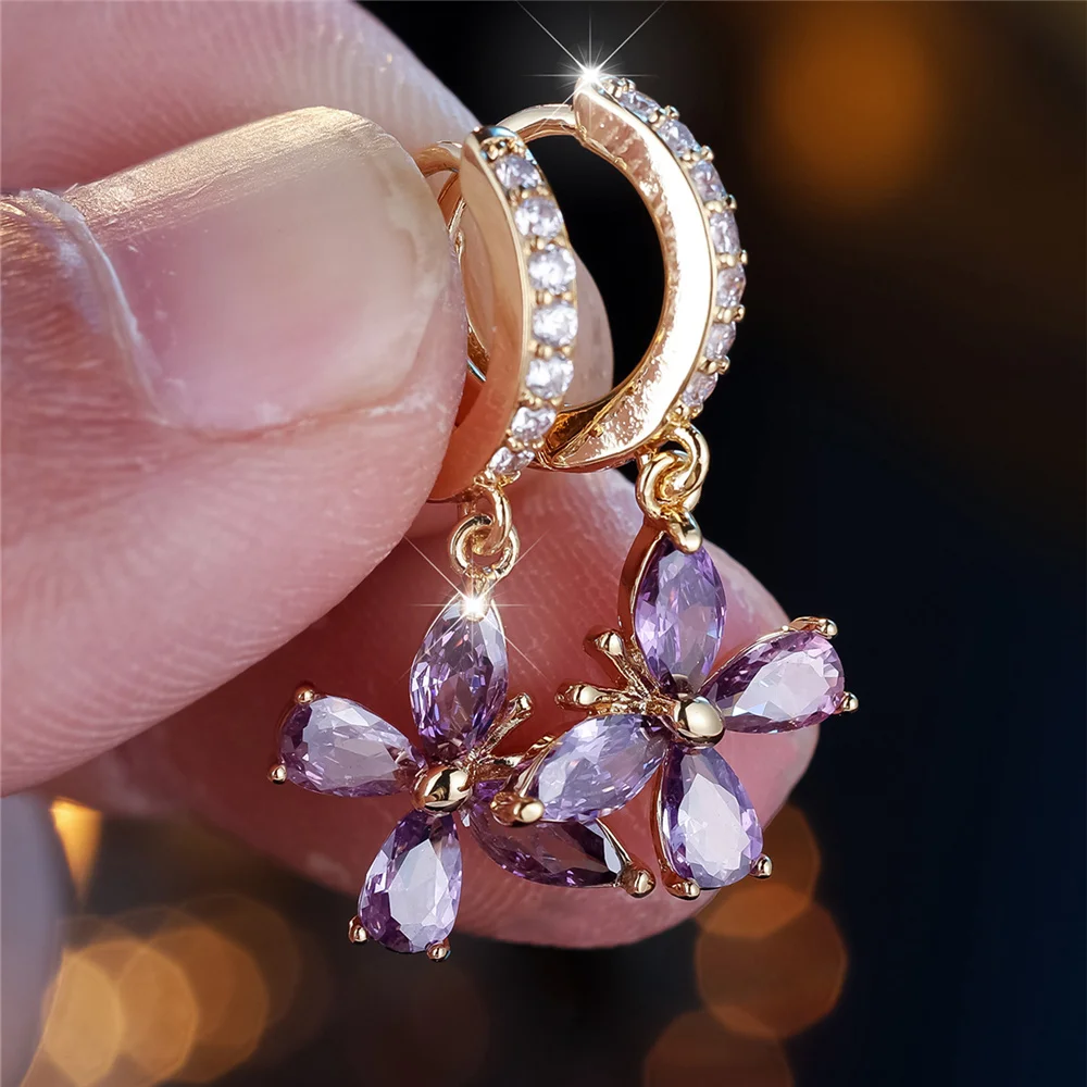 Trendy Crystal Purple Zircon Stone Cute Butterfly Hoop Earrings For Women Vintage Gold Color Wedding Jewelry