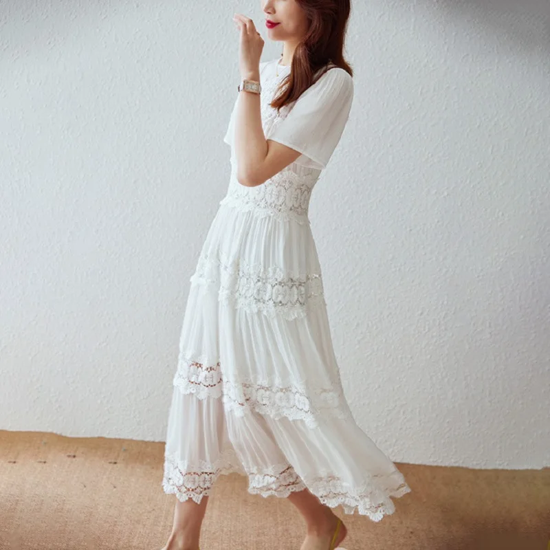 2023 Summer Fashion Style Dress High Quality Ladies Lace Embroidery Short Sleeve Mid-Calf Length A-Line Casual White Dress Boho