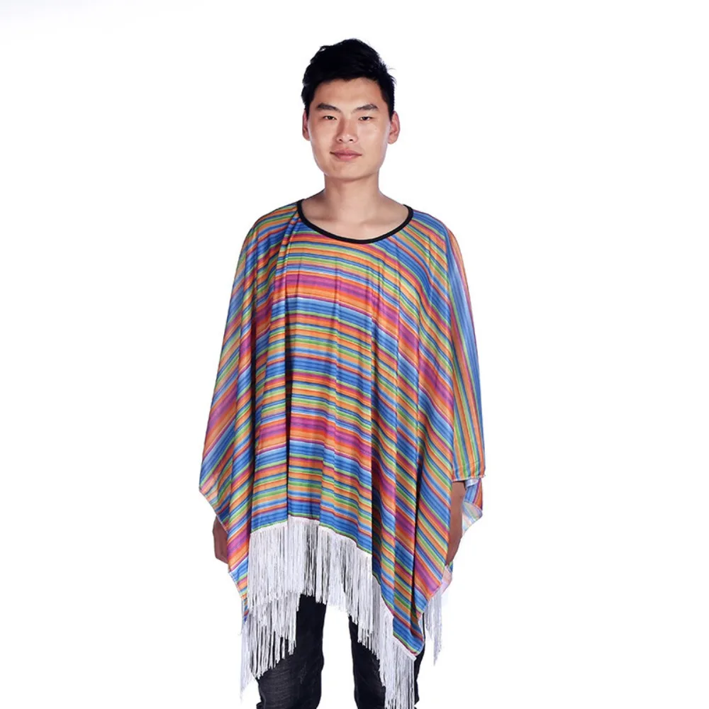Manto étnico mexicano traje halloween arco-íris listra estilo mexicano capa capa folk cosplay poncho mexicano festa de férias