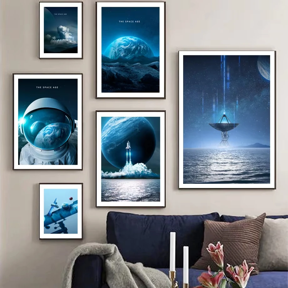 Wall Art Space Astronaut Rocket Moon Space Age Space Station Canvas Painting Nordic Poster Living Room Home Decoration Pictures