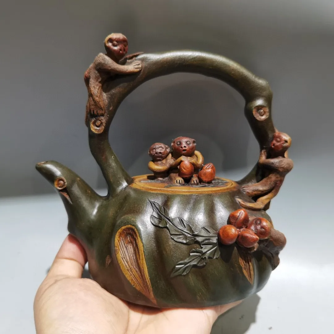 

6"Chinese Yixing Purple Clay Pot Monkey statue Longevity Peaches Pot Kettle Teapot Flagon Gather fortune Ornaments Town house