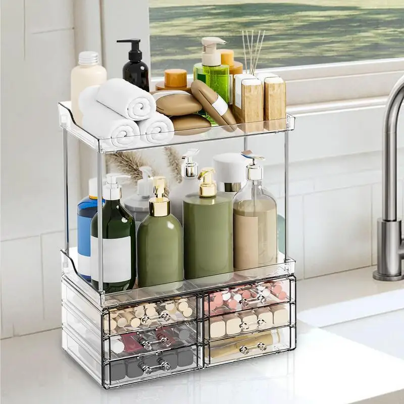 Organizador de maquillaje, bandeja de almacenamiento de 2 niveles con cajones, soporte de belleza multiusos, organizador de artículos de tocador para tocador de baño
