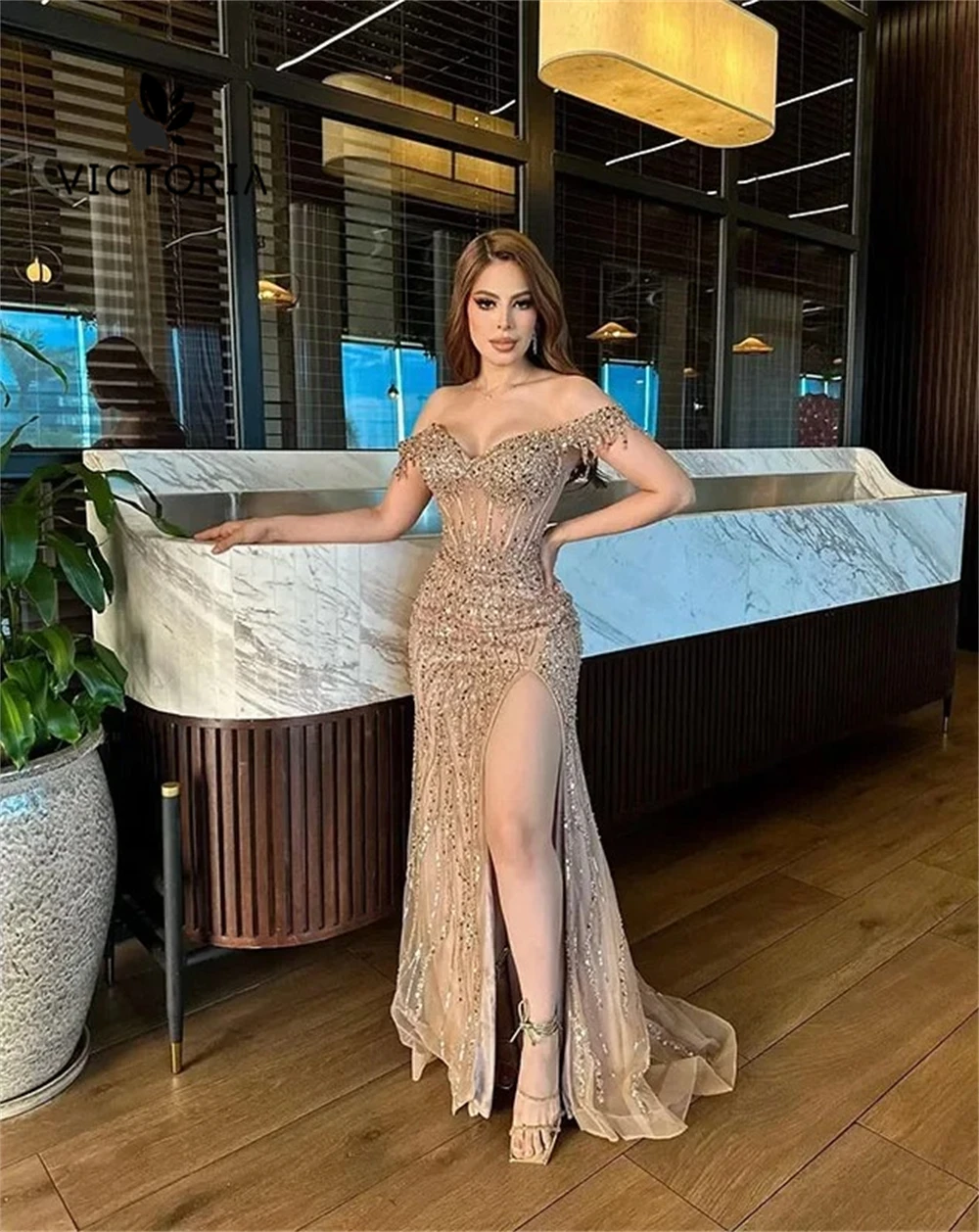 Sparkly off-the-shoulder Dubai avondjurken voor speciale evenementen kralen strass split luxe jurken dames 2025, op maat