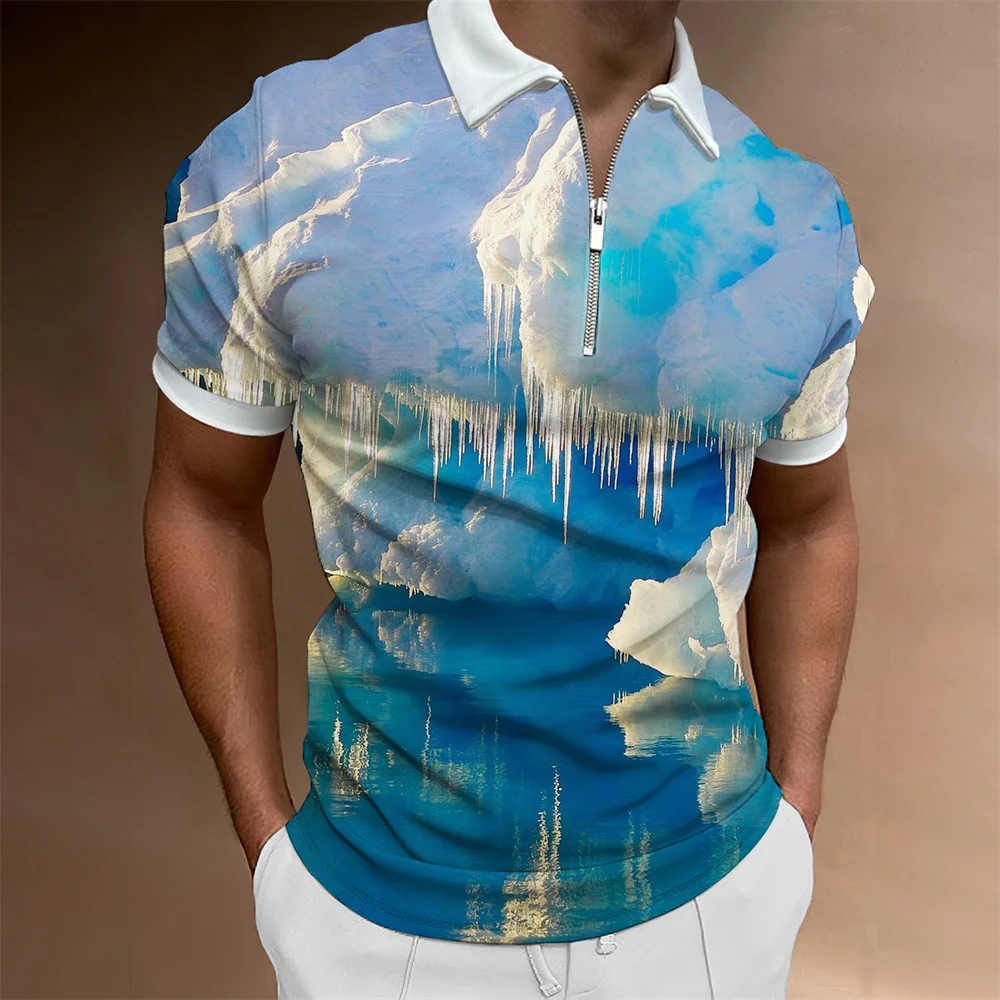 Men\'s Fashion Polo Shirts 2022 Summer Glacier Pattern Zipper Mens Polo Shirt Solid T-shirt Brand Short-sleeved Shirt Casual Tops