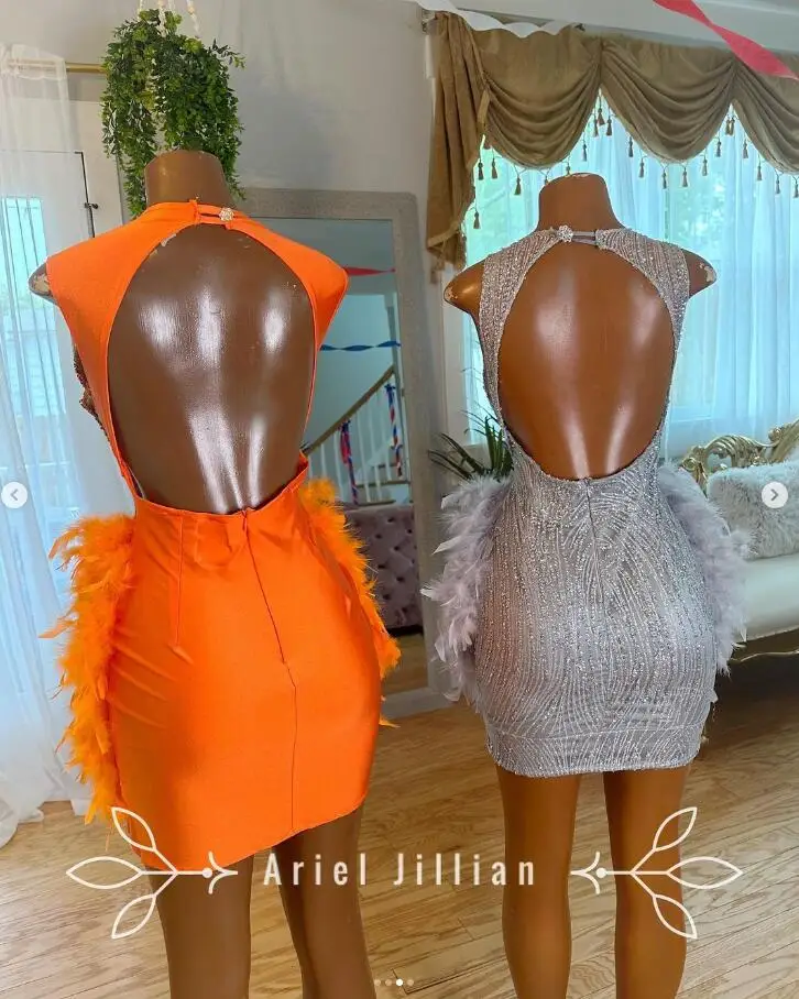 Orange Silver Sparkly Short Prom Homecoming Dresses for Black Girl 2024 Luxury Diamond Feather Birthday Gala Party Gown