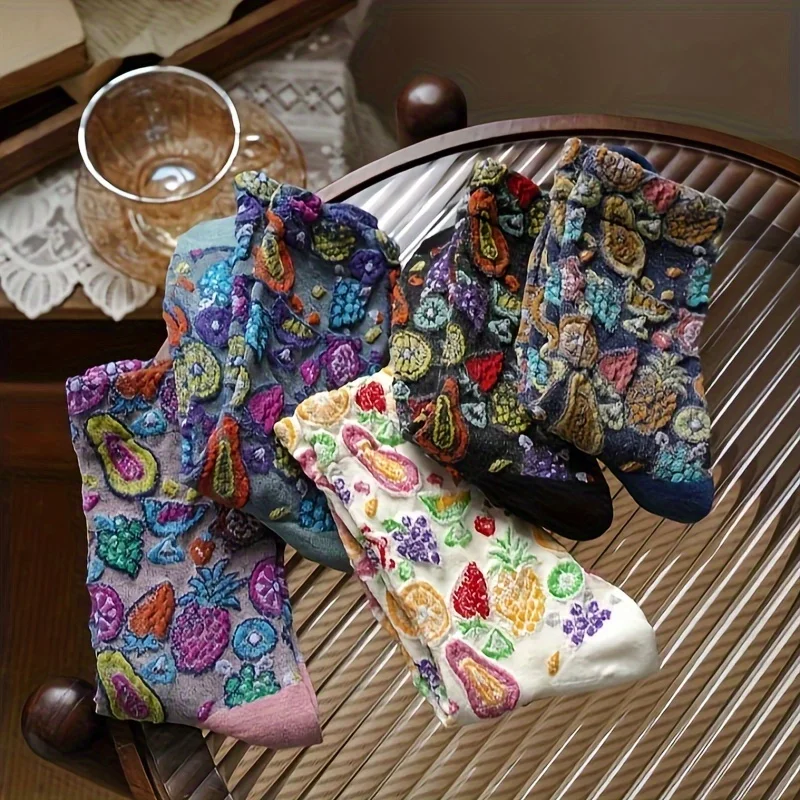 5 أزواج من الجوارب النسائية المتوسطة ذات الألوان ثلاثية الأبعاد منقوشة بالفواكه مع جوارب غير رسمية على الطراز العرقي