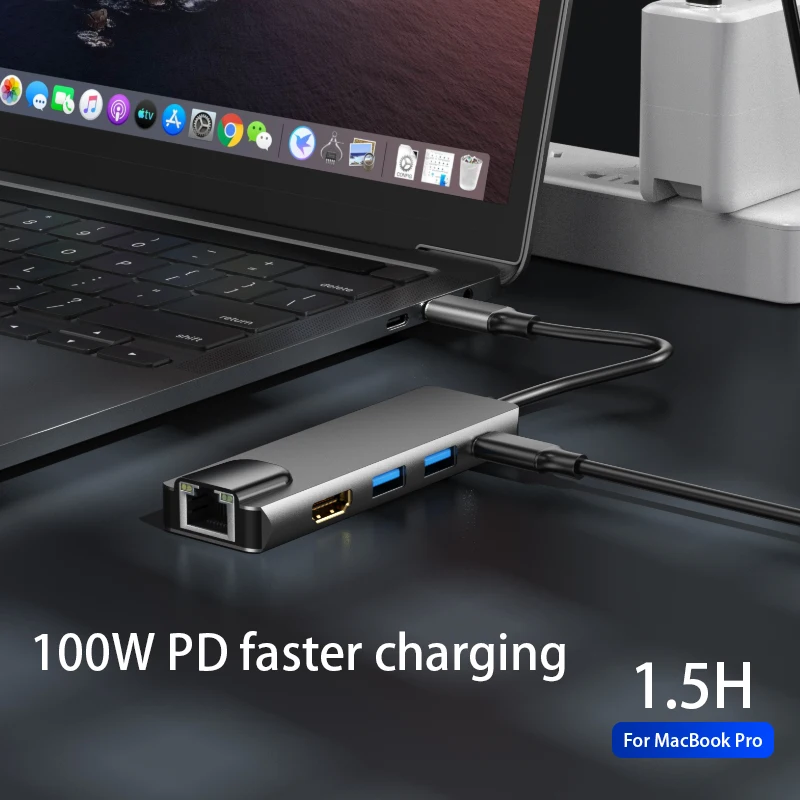 Док-станция RUNBERRY 5 в 1, USB c, HDMI, 4K, 60 Гц, USB 3,0, RJ45, 1000 Мбит/с