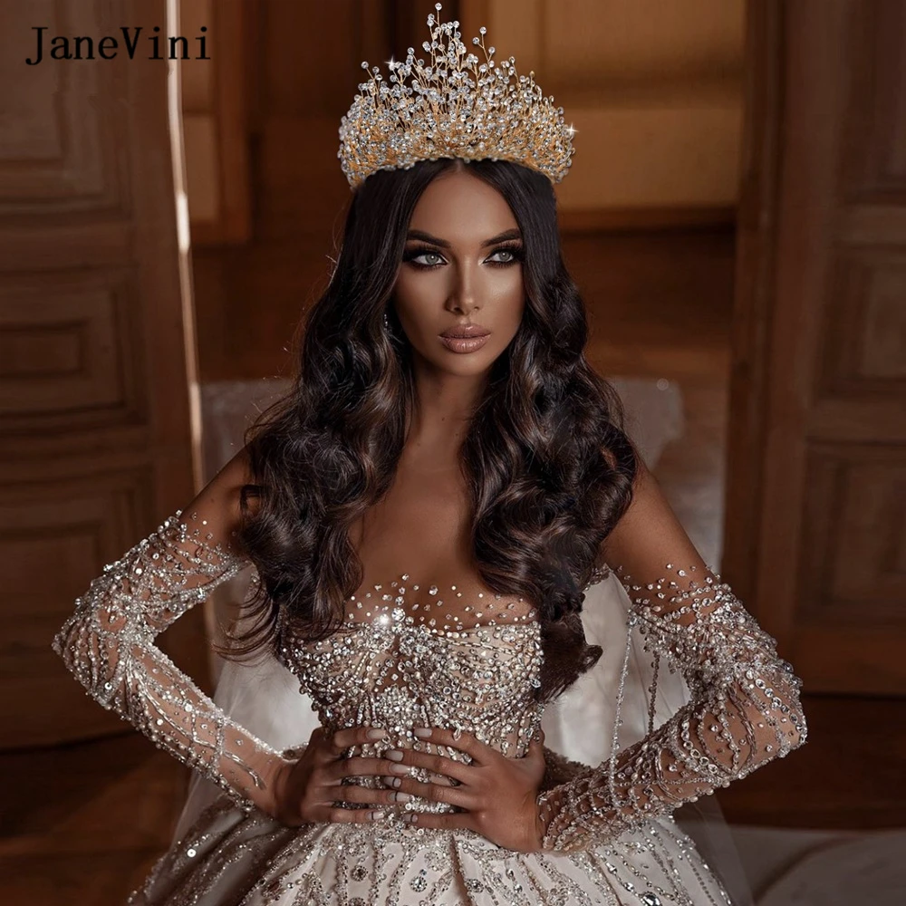 

JaneVini Sparkling Gold Rhinestone Dubai Arabic Wedding Crowns Luxury Diadem Headband Bridal Headpiece Tiaras Queen Hair Jewelry