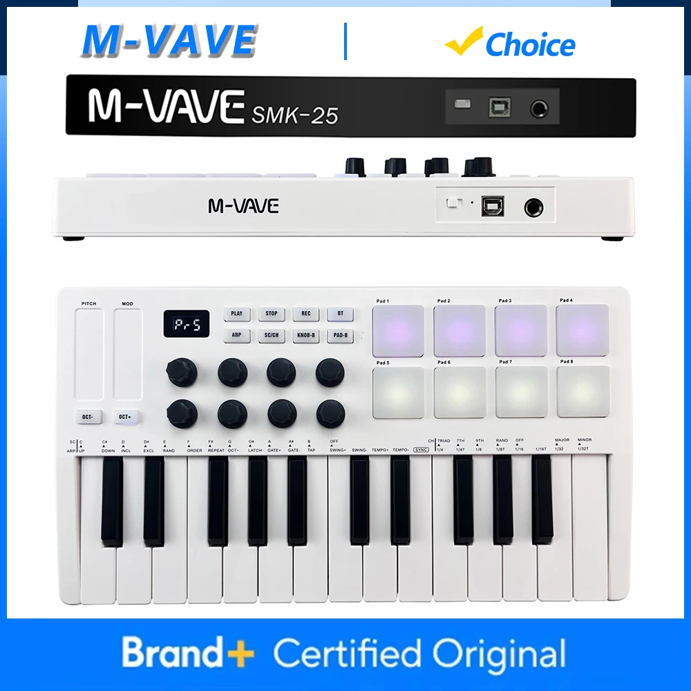

M-VAVE, 25-клавишная клавиатура, MIDI-контроллер, мини-портативная USB-клавиатура, фортепиано, 8 подушечек с RGB-подсветкой, 8 ручек, музыкальная клавиатура, инструменты