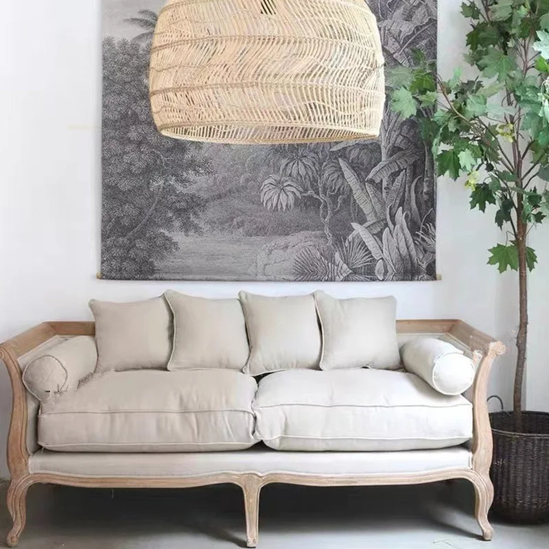 American simple solid wood sofa light luxury cotton and linen sponge sofa chair European double triple villa fabric sofa bed