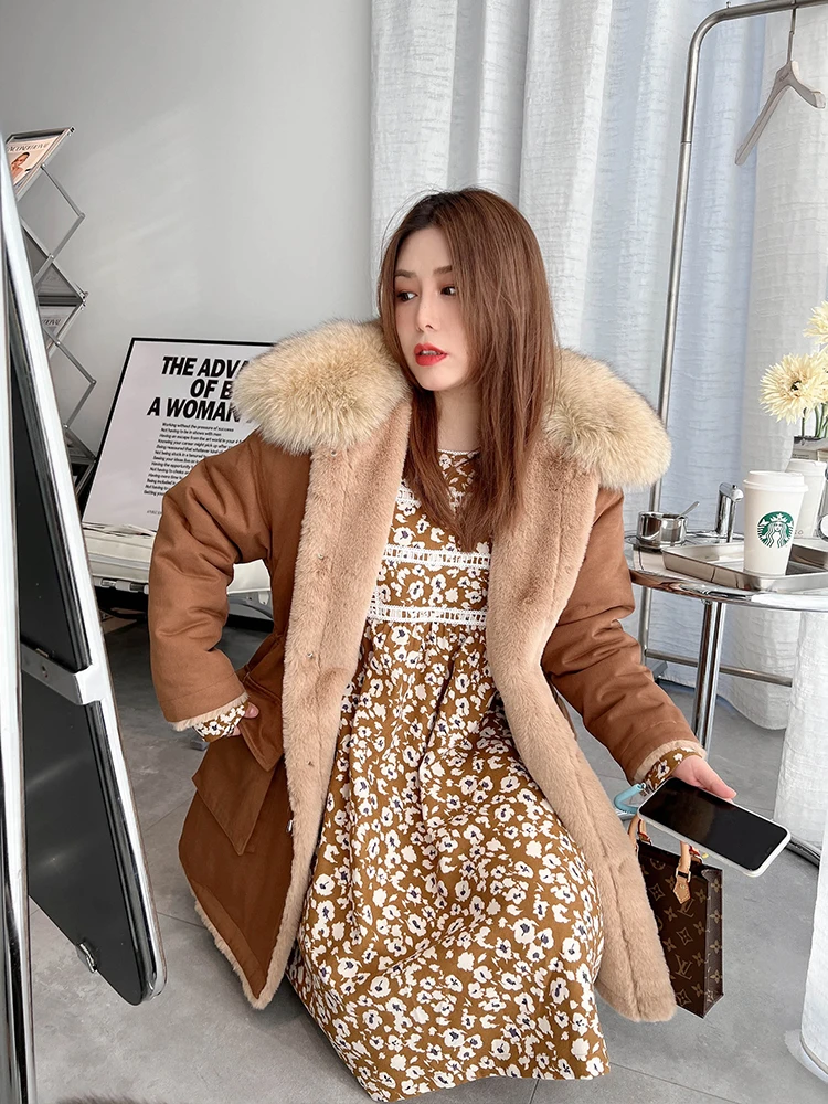 

Стильное зимнее пальто оверсайз с меховым воротником и внутренней подкладкой из полиэстера, длинный рукав, корейский стиль, для повседневной носки, ветрозащитное