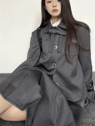 Preppy Style Matching Sets Peter Pan Collar Bow Long Sleeve Coats Pleated High Waist Skirts Solid Color Autumn Women's Clothing